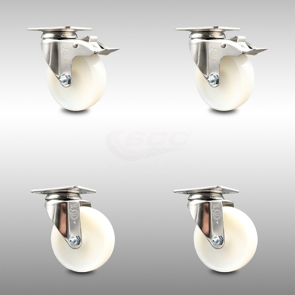 4 Inch 316SS Nylon Wheel Swivel Top Plate Caster Lock Brakes SCC, 2PK